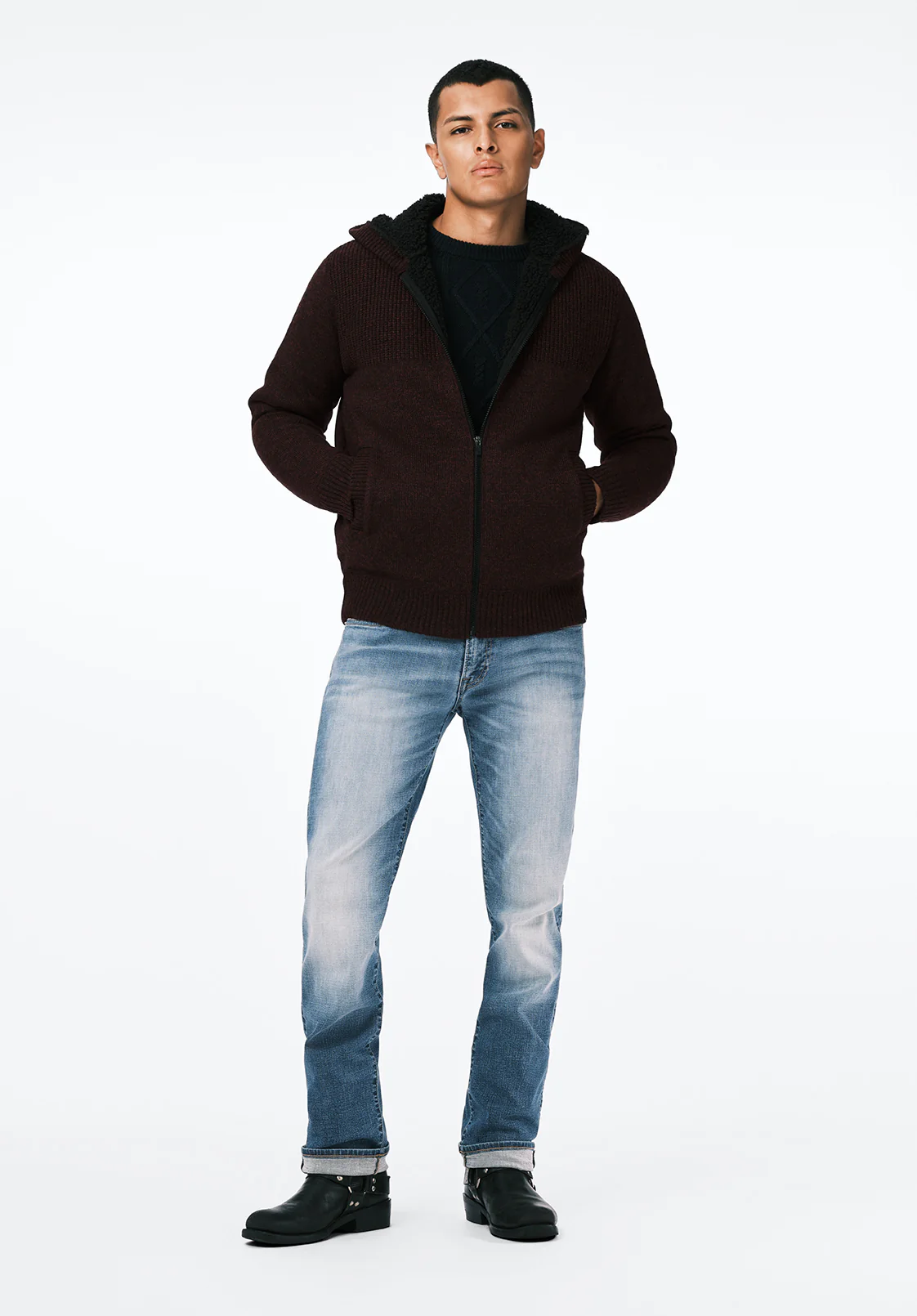 Walmick Men's Full-Zip Knit Hooded Jacket with Sherpa Lining, Fico - BM24739