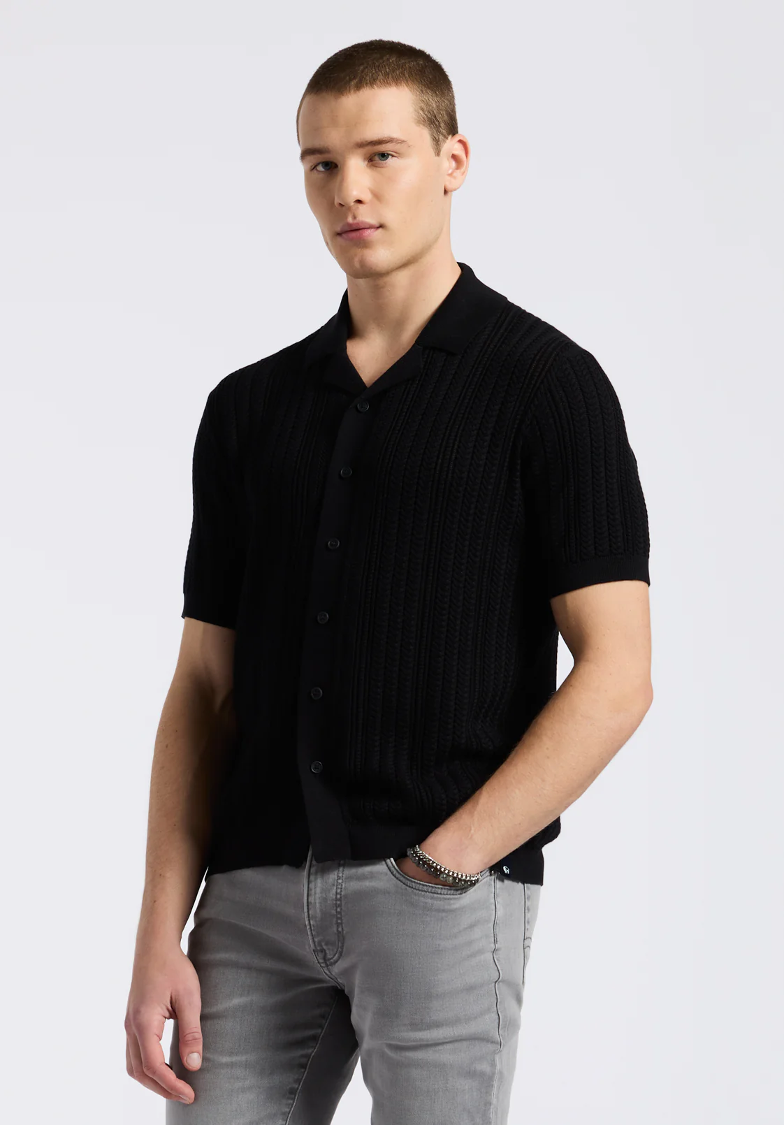 Wasko Men's Short-Sleeve Button-Up Sweater Shirt, Black - BM24540 - Image 3