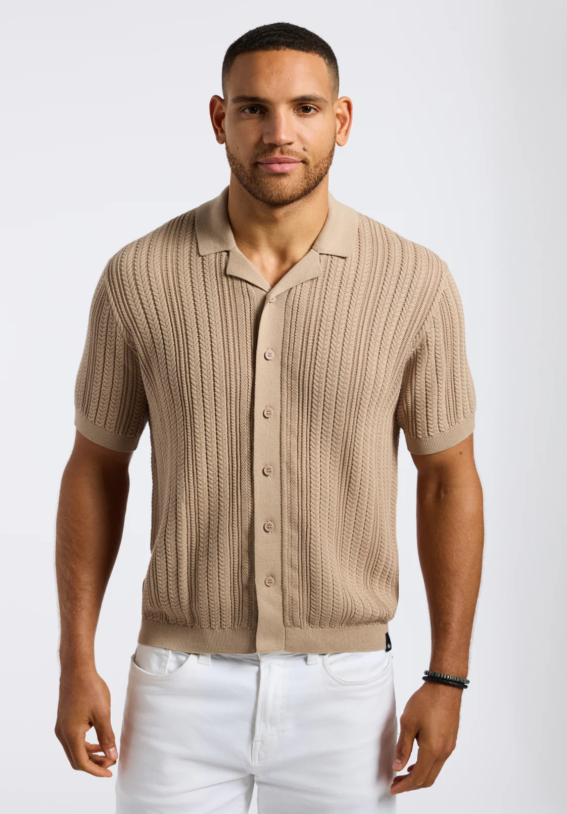 Wasko Men's Short-Sleeve Button-Up Sweater Shirt, Tuffet Beige - BM24540 - Image 3