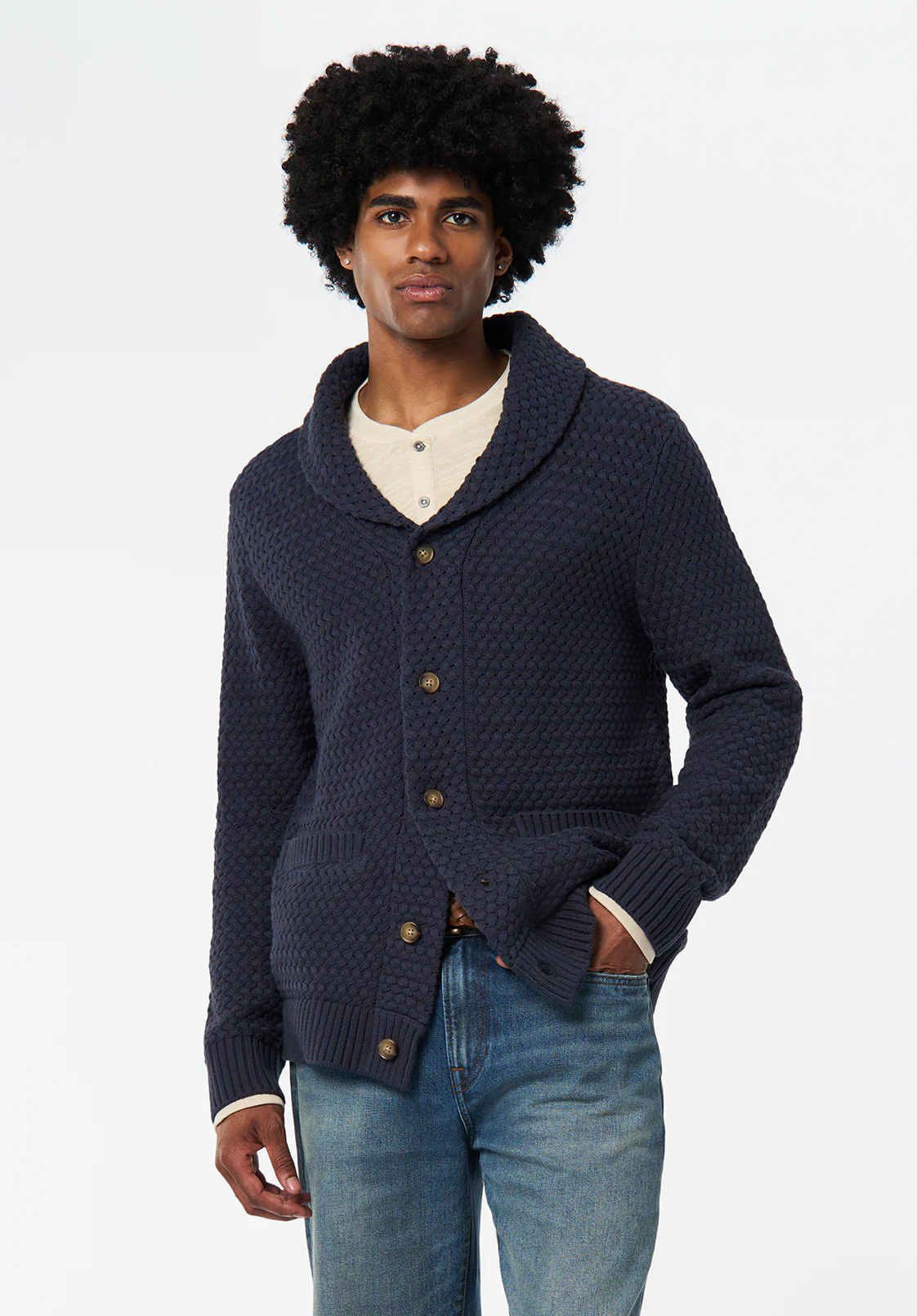 Wendell Men's Textured Shawl Collar Relaxed Cardigan, Whale - BM24697 - Image 3