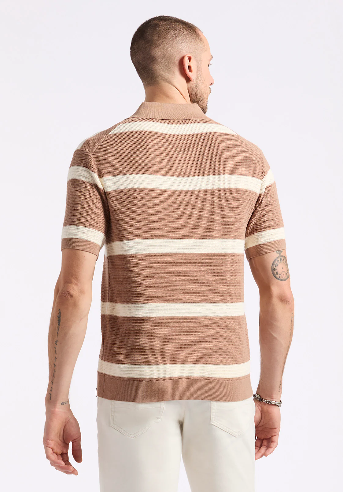 Winder Men's Short-Sleeve Striped Sweater Polo, Woodsmoke Brown - BM24549 - Image 3