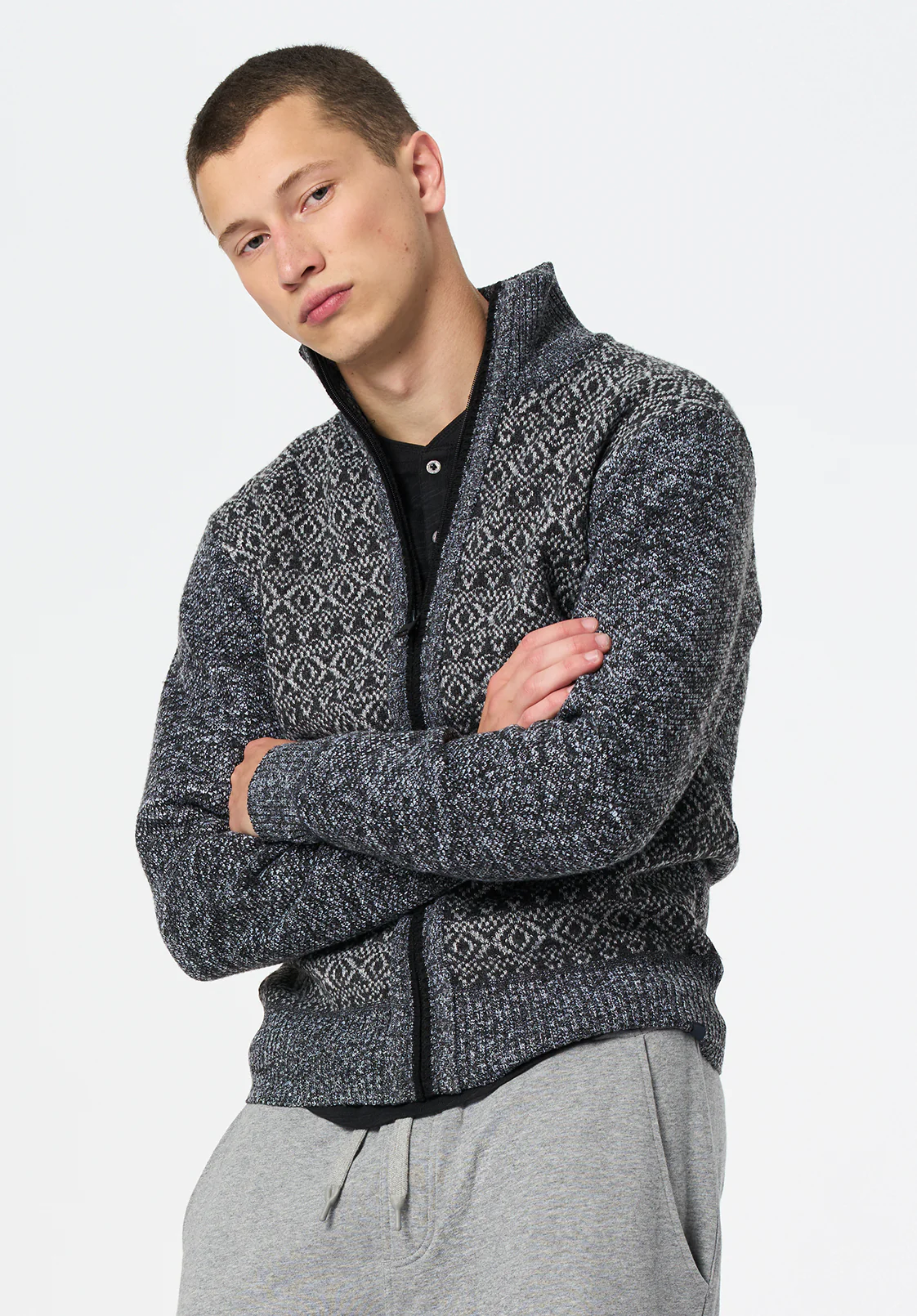 Winlow Men's Relaxed Full-Zip Jacquard Knit Sweater, Heather Grey - BM24749 - Image 4