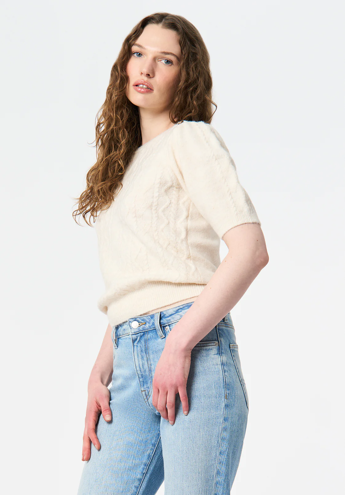 Winsome Women's Short Sleeve Cable Knit Sweater with Shoulder Button Detail, Marshmallow - SW0151 - Image 3