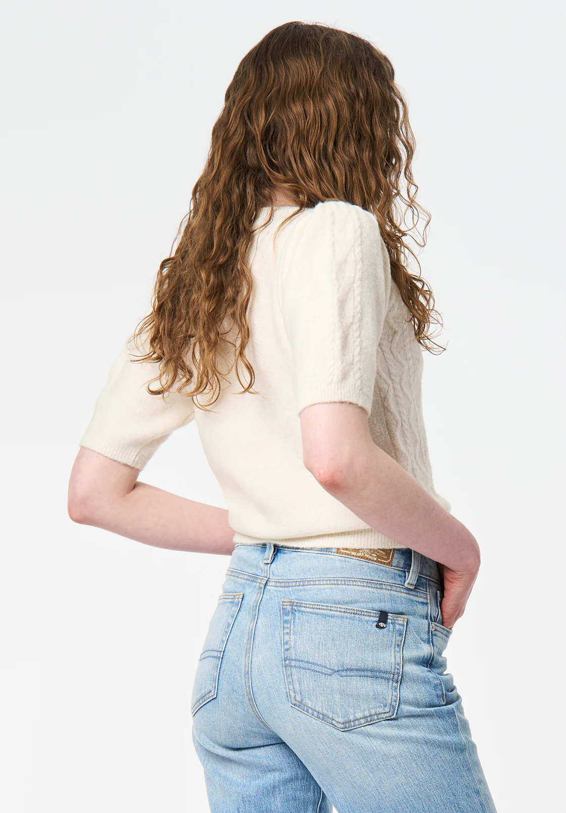 Winsome Women's Short Sleeve Cable Knit Sweater with Shoulder Button Detail, Marshmallow - SW0151 - Image 4
