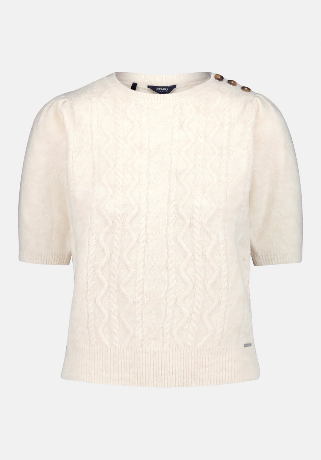 Winsome Women's Short Sleeve Cable Knit Sweater with Shoulder Button Detail, Marshmallow - SW0151 - Image 5