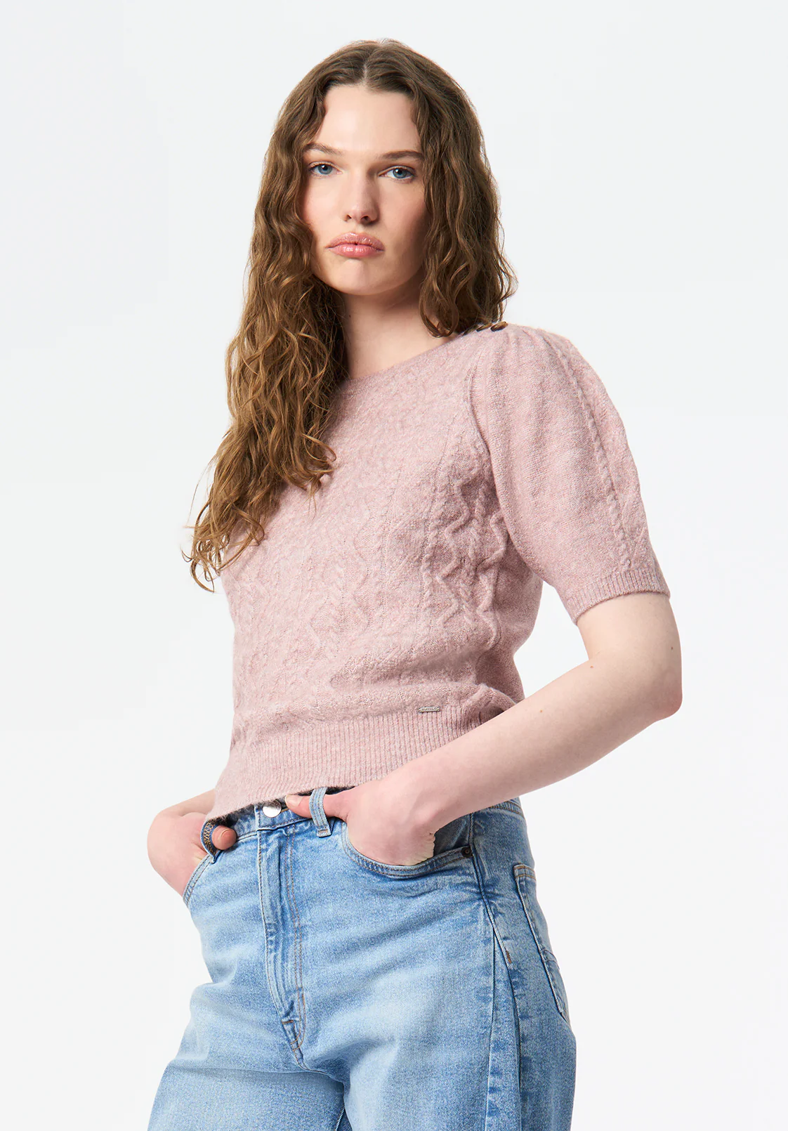 Winsome Women's Short Sleeve Cable Knit Sweater, Burnished Lilac - SW0151 - Image 3