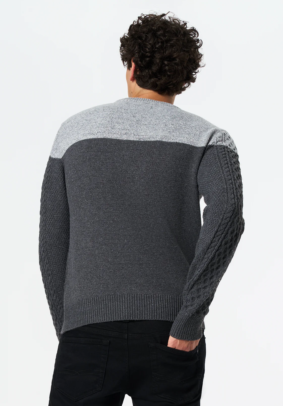 Wintor Men's Relaxed Colorblock Cable Knit Sweater, Heather Grey - BM24748 - Image 4