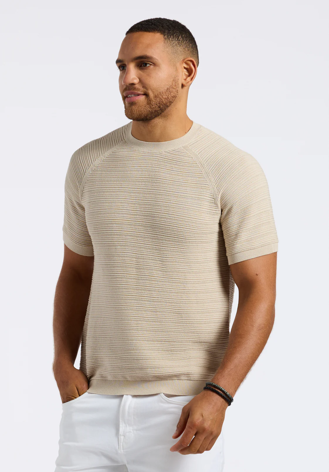 Wipped Men's Textured Knit Sweater T-Shirt, Buttercream Beige - BM24533 - Image 3