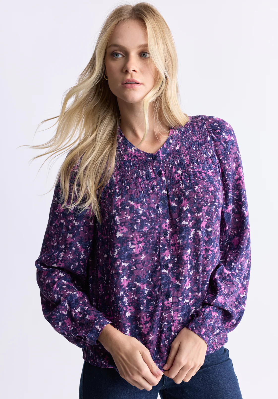 Zosia Women's Floral Print Smocked Blouse, Purple - WT0130H - Image 2