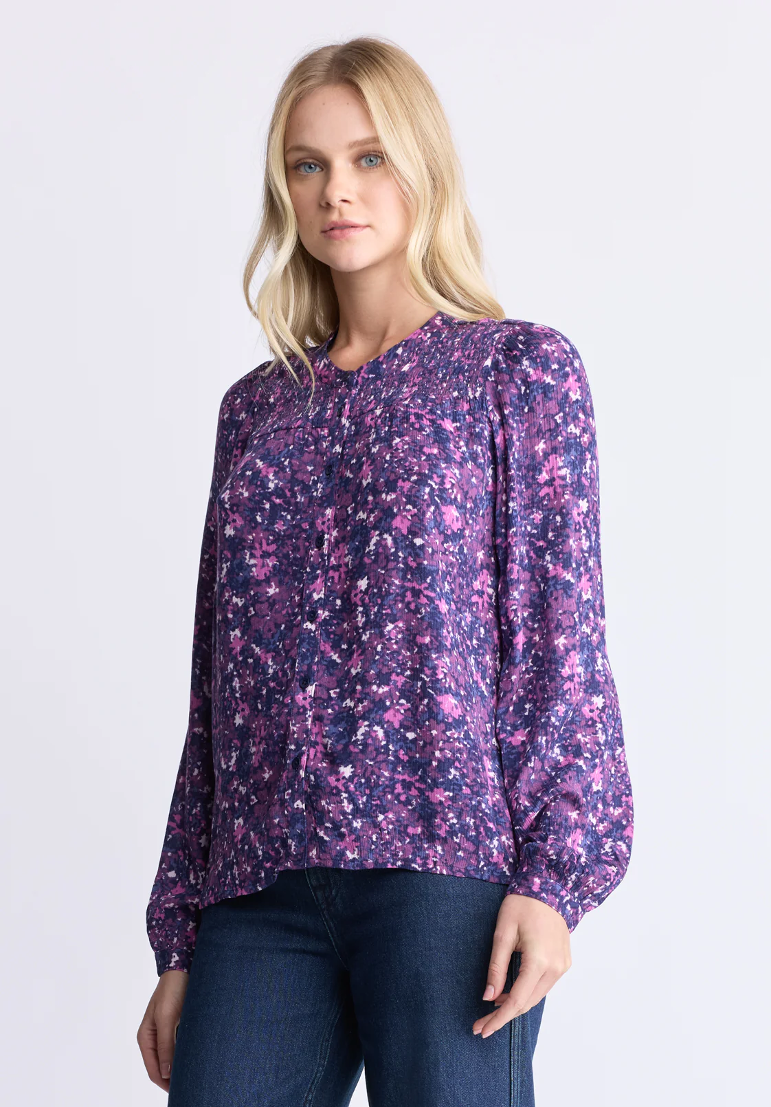 Zosia Women's Floral Print Smocked Blouse, Purple - WT0130H - Image 3
